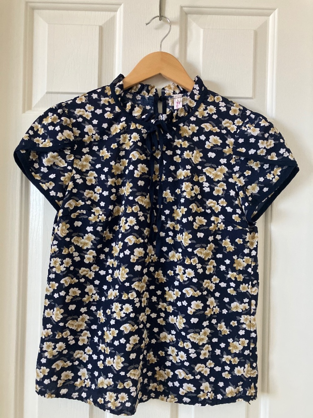 Navy Blue with White and Gold Floral Sheer Top